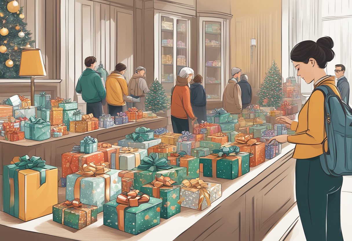 A person selecting corporate Christmas gifts from a variety of options displayed on a table