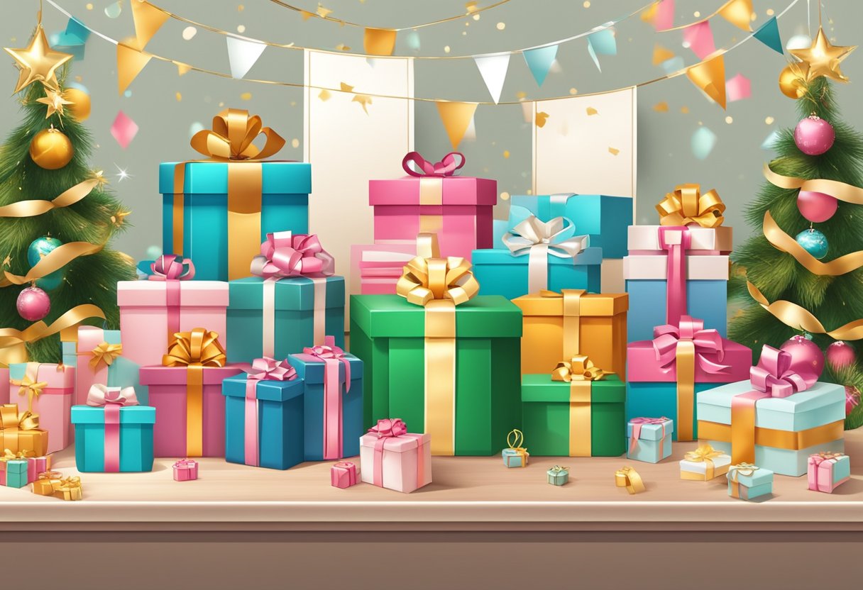A table adorned with elegant gift boxes and branded merchandise, surrounded by festive decorations and a congratulatory banner