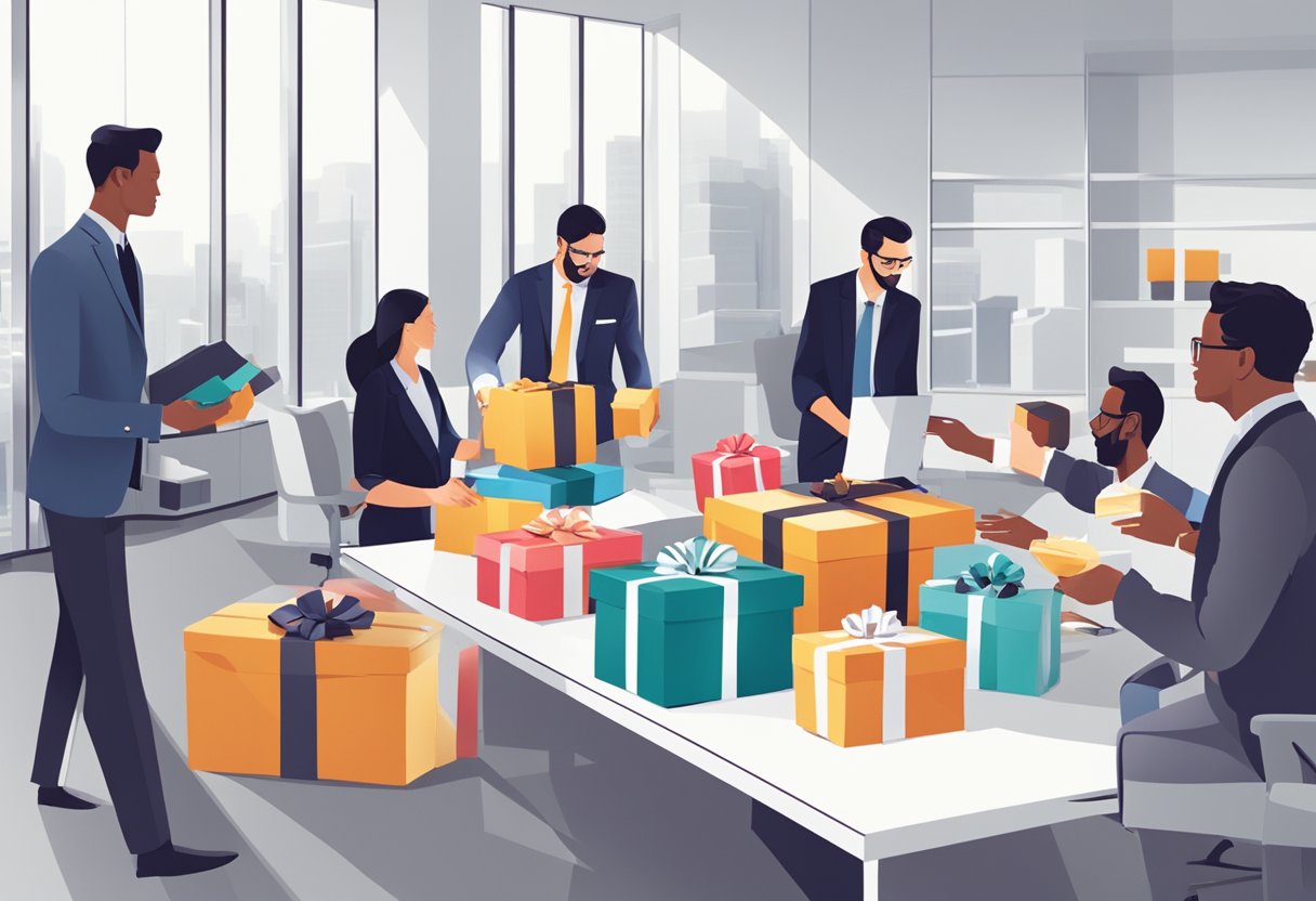 A group of professionals exchanging wrapped gifts in a modern office setting