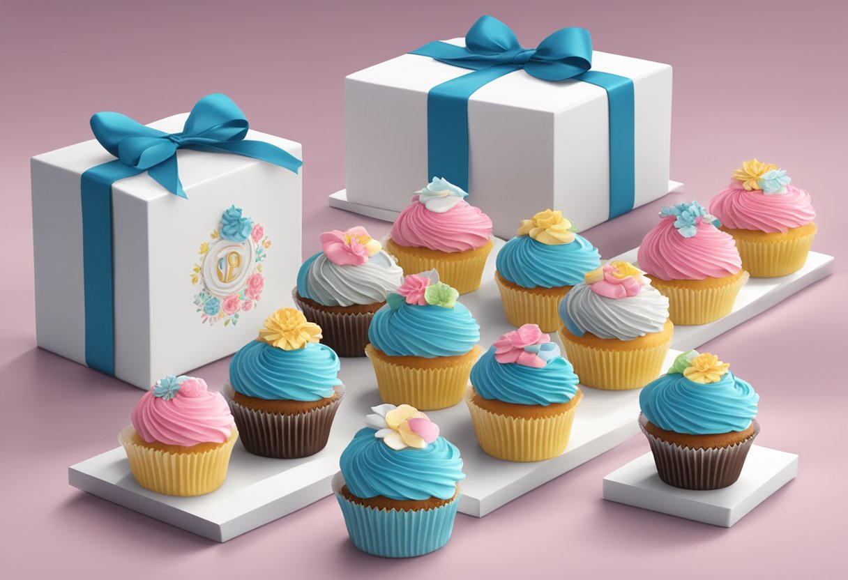 A table is set with a variety of beautifully decorated cupcakes, each adorned with the company's logo and colors. A ribbon-wrapped box of cupcakes sits nearby, ready to be presented as a corporate gift