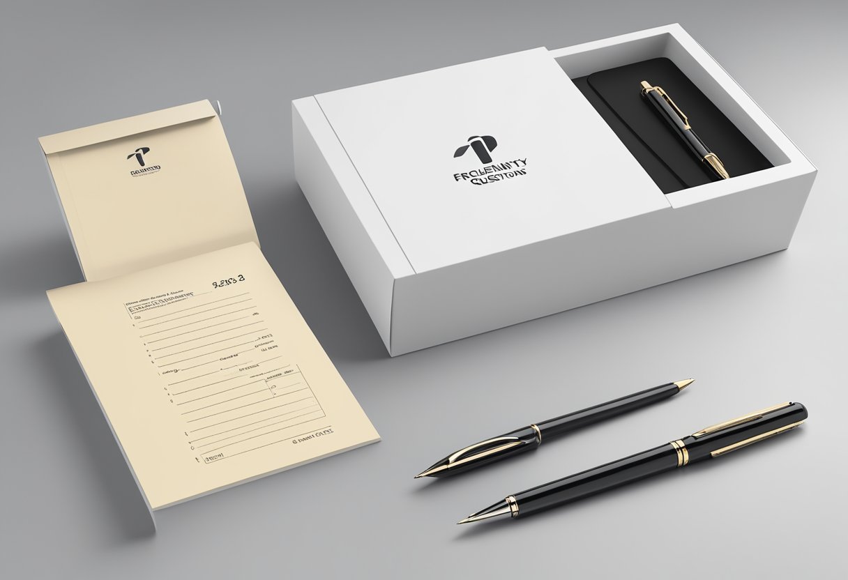 A sleek black pen and matching notepad sit in a branded gift box, adorned with the company's logo and the words "Frequently Asked Questions."