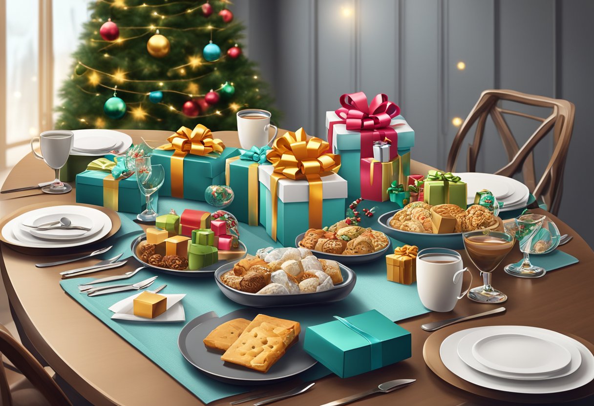A festive table with various corporate Christmas gift ideas displayed, including elegant gift baskets, personalized items, and trendy tech gadgets