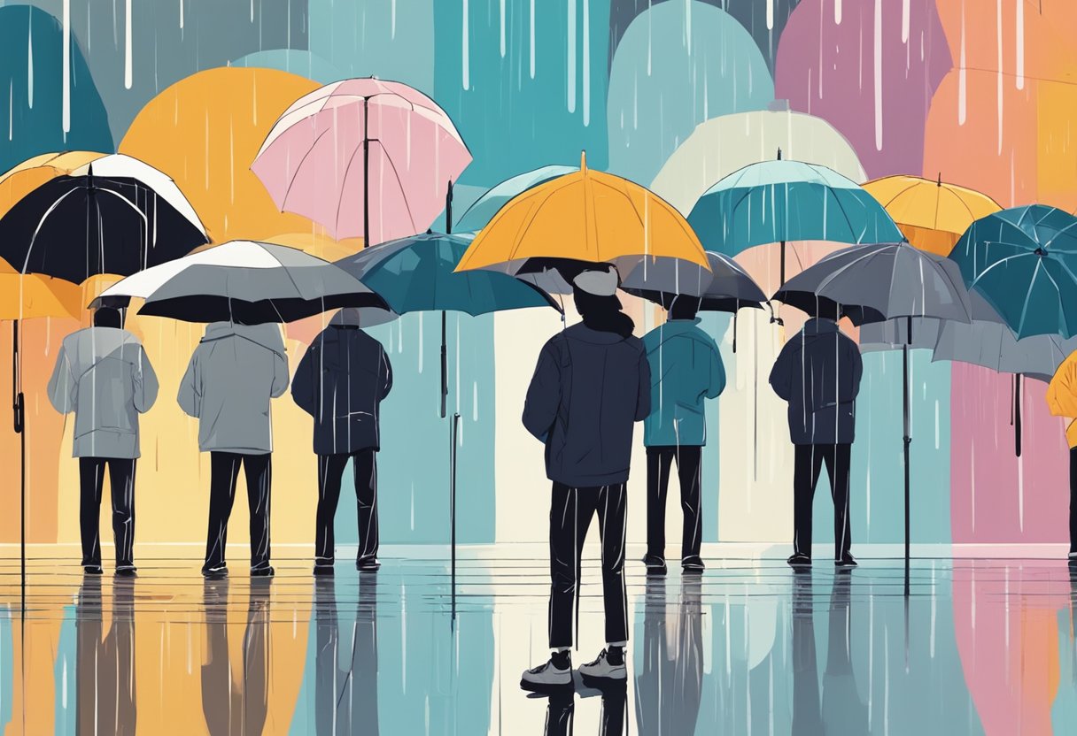 A person standing in the rain, holding multiple umbrellas, while looking at each one carefully before choosing the right one
