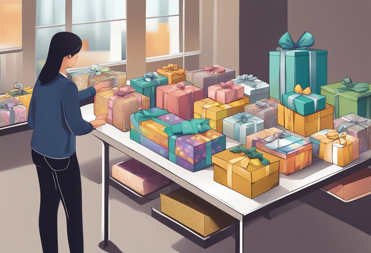 A person carefully choosing from a variety of beautifully wrapped corporate gift hampers displayed on a table
