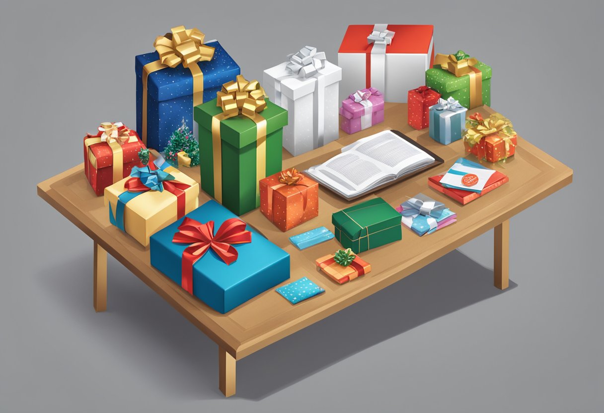 A table with various custom corporate holiday gifts displayed, including branded merchandise and gift baskets. A sign with "Frequently Asked Questions" is visible