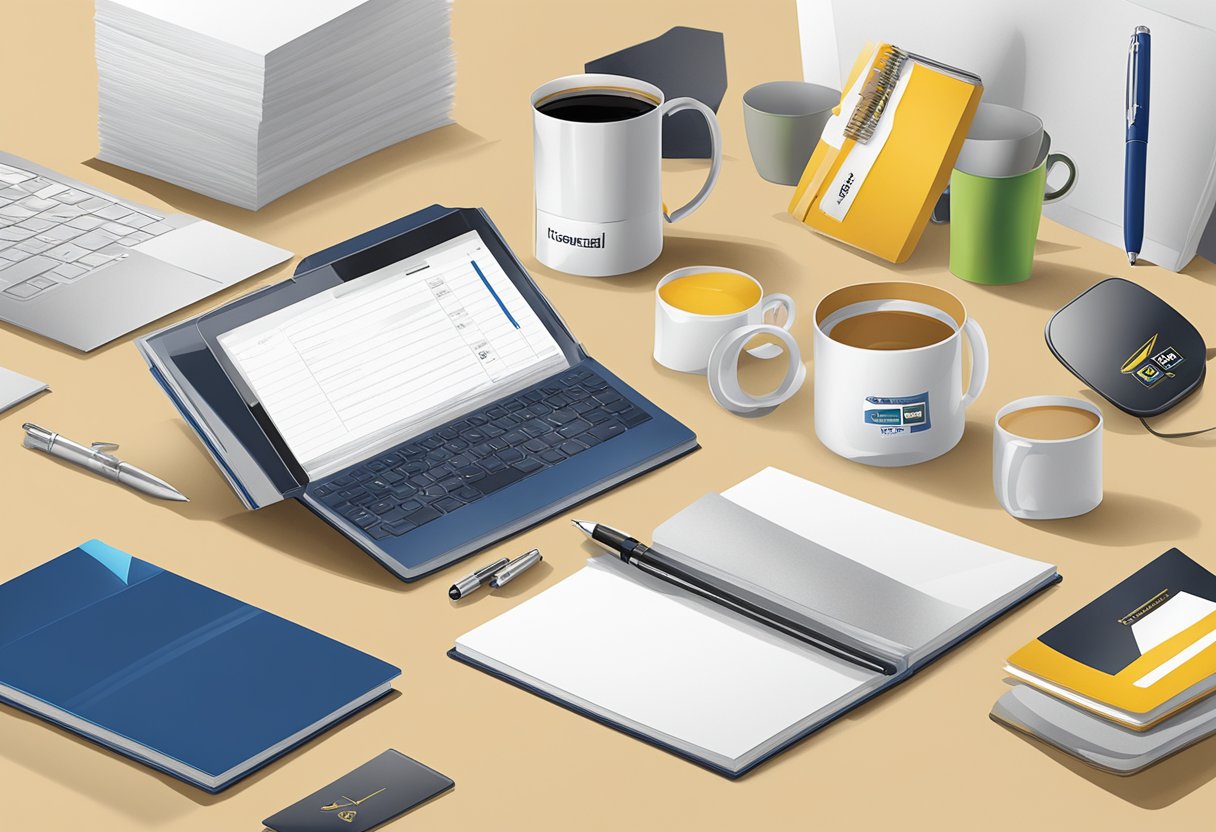 A table displays various branded items for corporate door gifts at an event, including customised pens, notebooks, and mugs