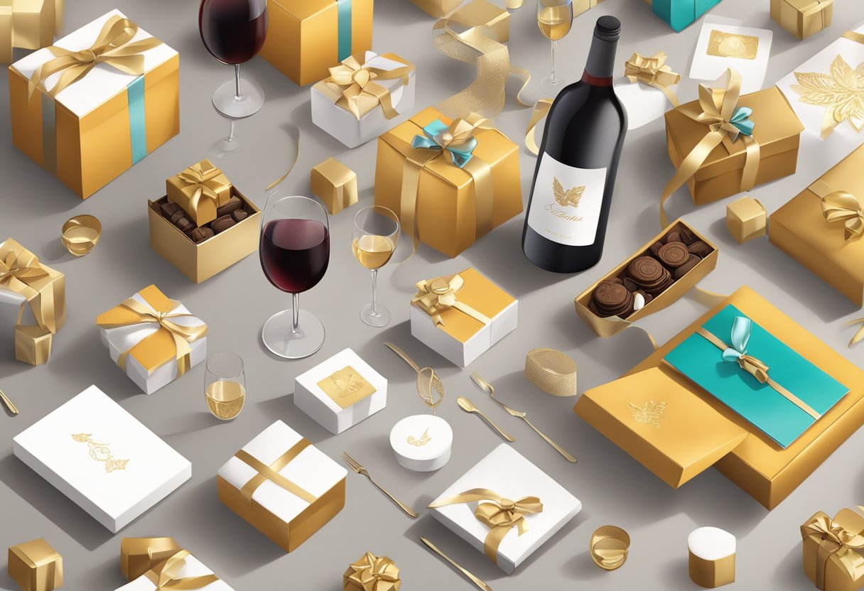 A table adorned with branded gift boxes, ribbon, and personalized cards. A variety of luxury items such as wine, chocolates, and tech gadgets are neatly displayed