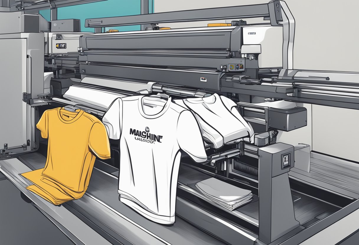 A machine prints a logo onto a stack of plain t-shirts in a bustling corporate printing shop