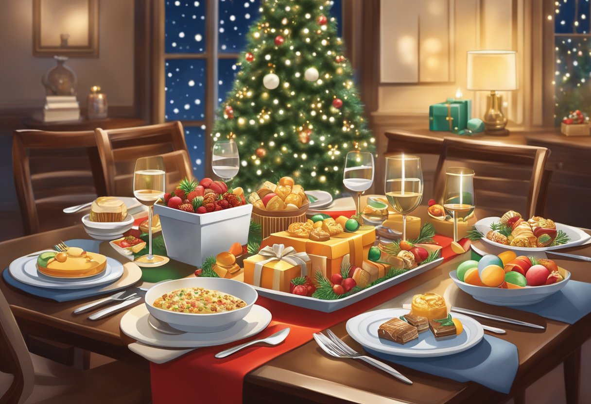 A festive table with various corporate gift options, including branded merchandise, gourmet food baskets, and elegant gift sets. Twinkling lights and holiday decorations add to the cheerful atmosphere