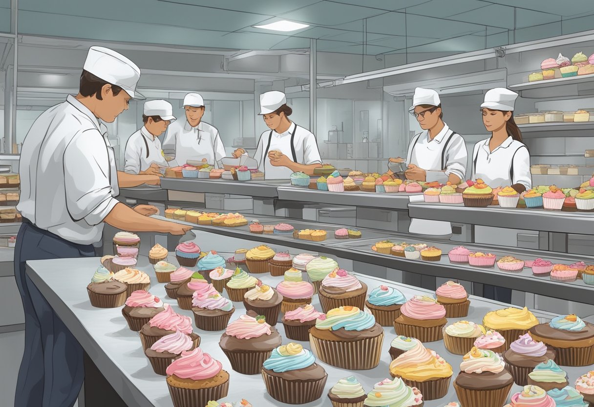 A table filled with neatly arranged boxes of branded cupcakes, surrounded by busy workers packaging and labeling the treats for corporate gifting