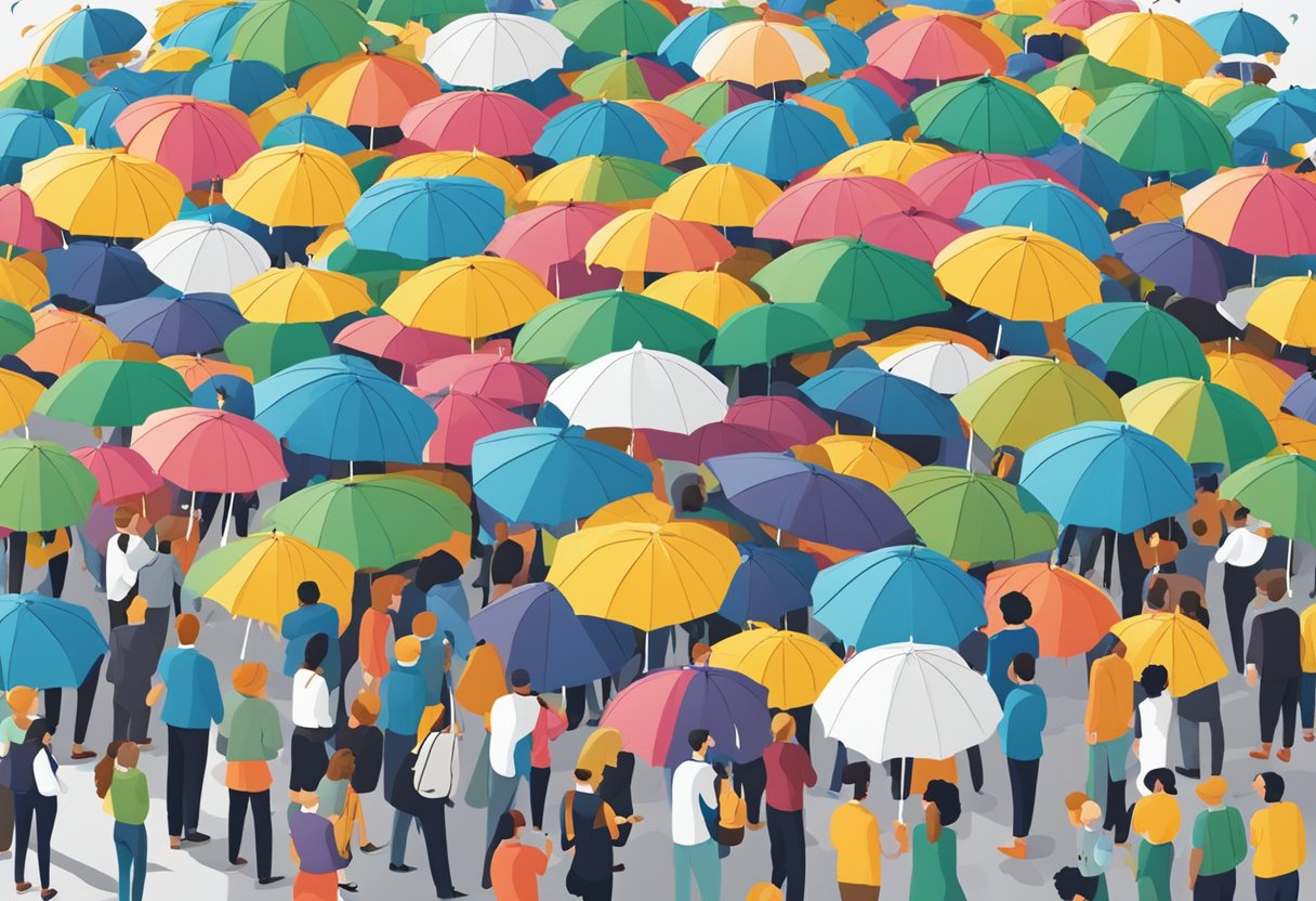 An open umbrella with "Frequently Asked Questions" printed on its canopy, surrounded by various question marks and a crowd of curious onlookers