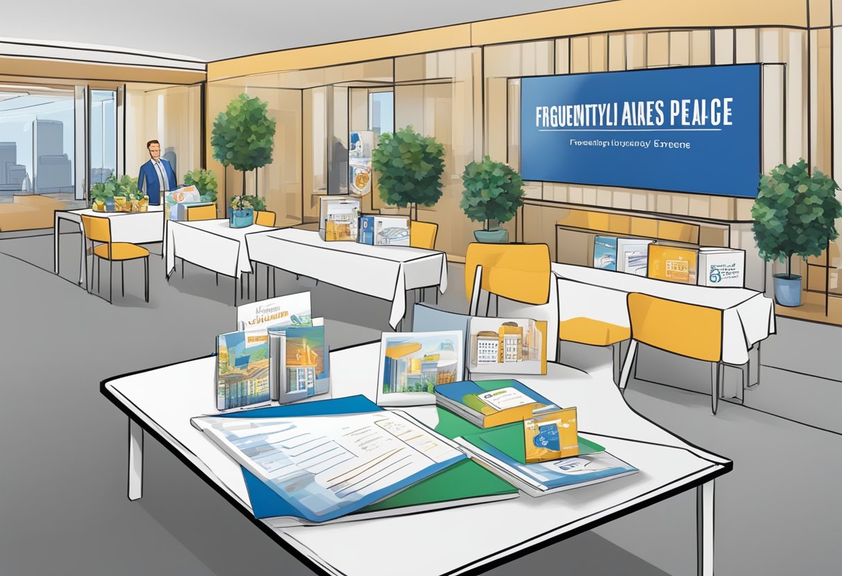 A table with branded merchandise, brochures, and a sign displaying "Frequently Asked Questions corporate door gift event" in a bustling event space