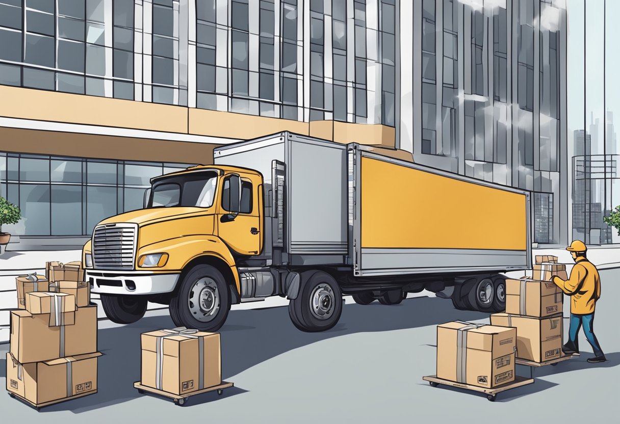 A delivery truck unloading corporate gift hampers at a bustling office building entrance. Boxes stacked neatly on a dolly, ready for distribution