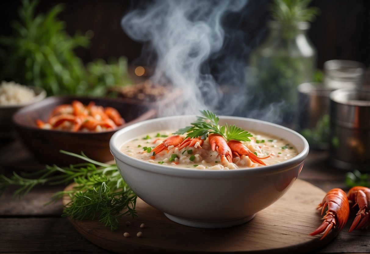 A steaming bowl of lobster porridge sits on a rustic table, surrounded by fresh herbs and spices. The rich aroma wafts through the air, enticing the viewer