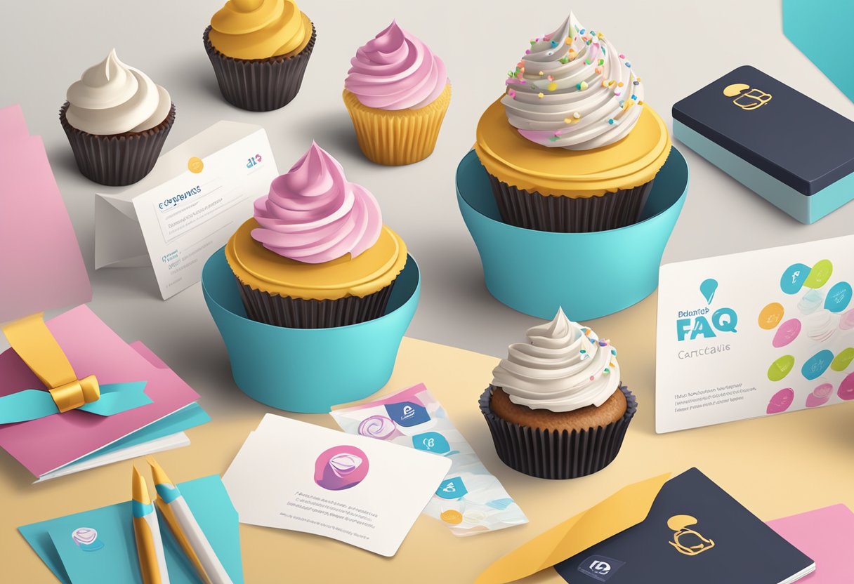 A table with neatly arranged corporate gift cupcakes, a stack of FAQ cards, and a business logo in the background