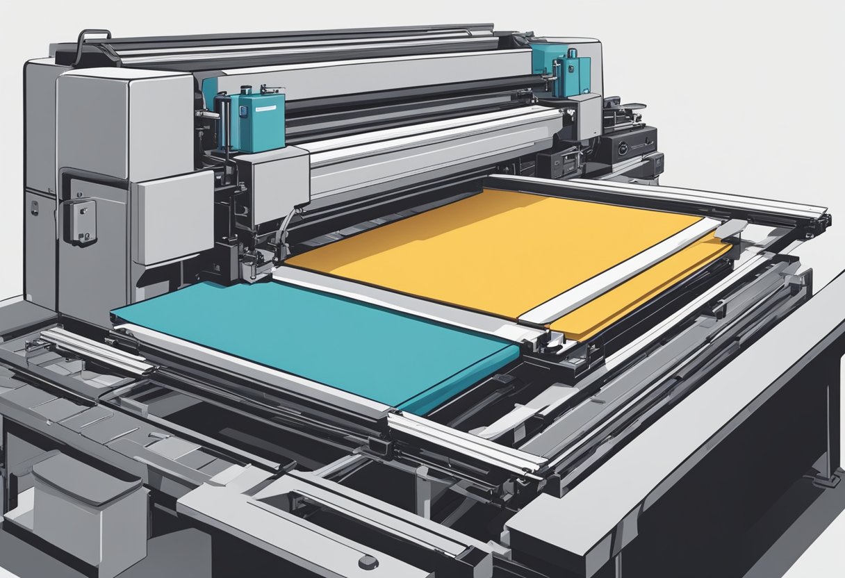A screen printing machine presses ink onto a stack of blank t-shirts, with a conveyor belt moving them through the process