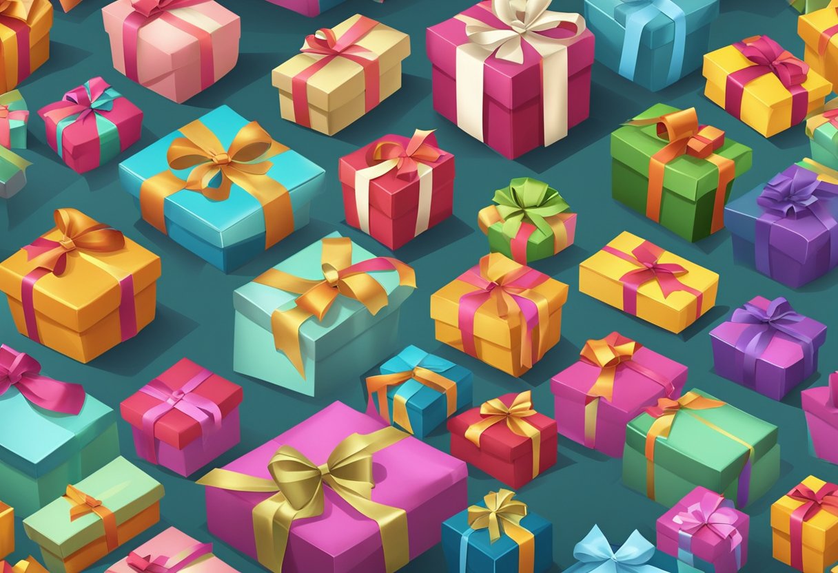 A group of wrapped gift boxes of varying sizes and colors arranged neatly on a table, with a festive ribbon and bow on top