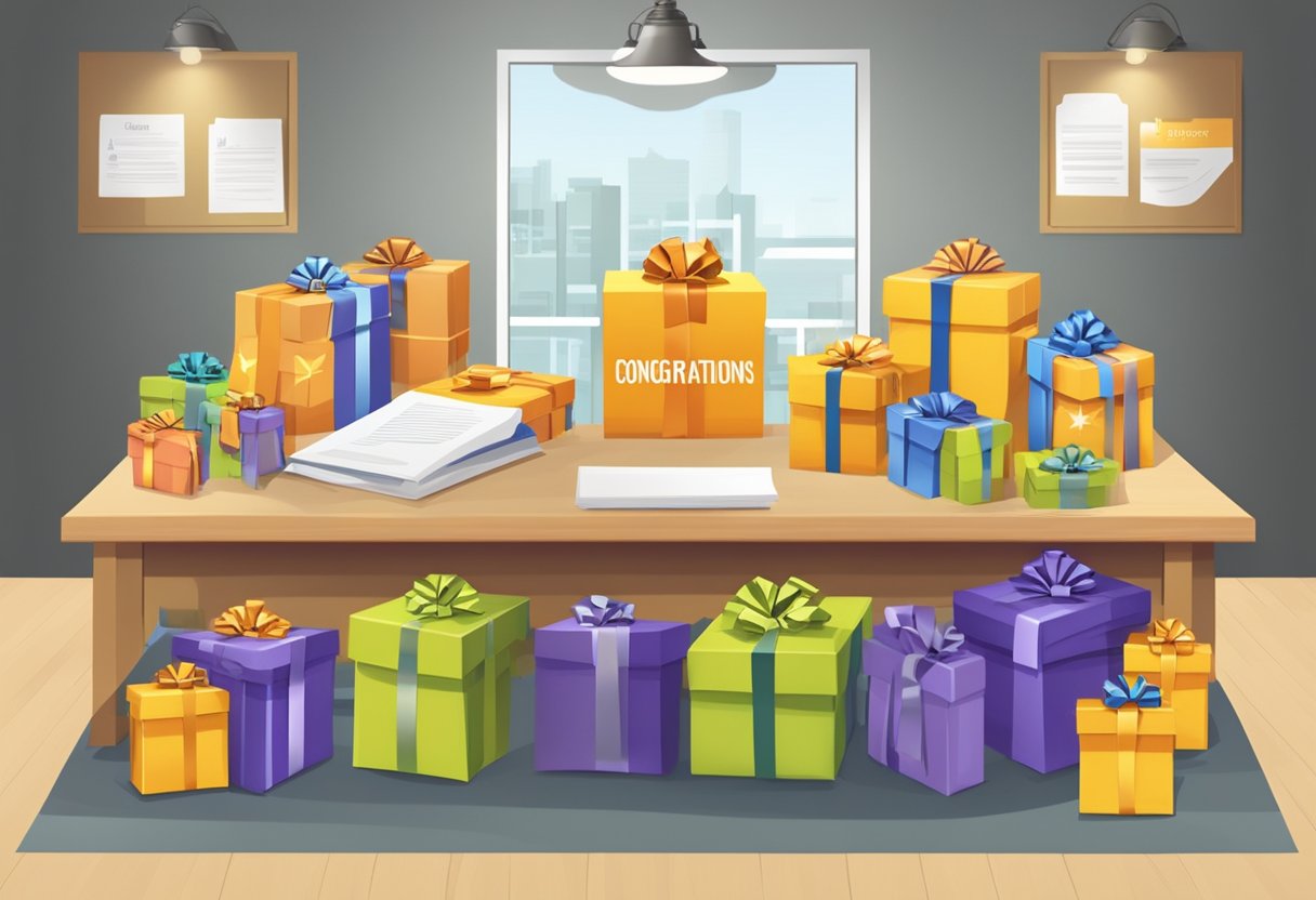 A table with neatly wrapped gift boxes, each labeled with "Congratulations" for corporate recipients. A banner with "Frequently Asked Questions" hangs in the background