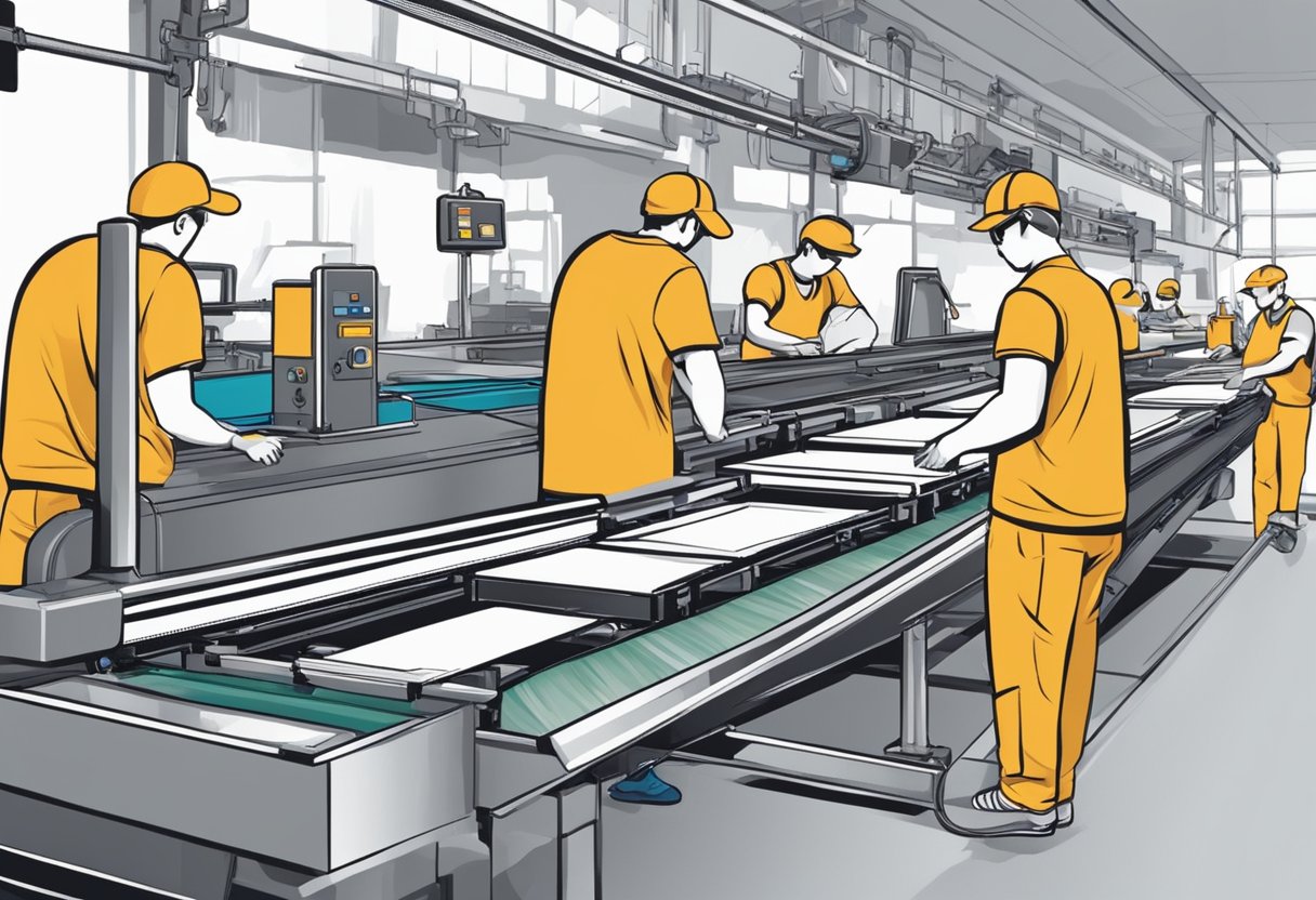 Machines press ink onto t-shirts on a conveyor belt. Workers monitor the process for quality control