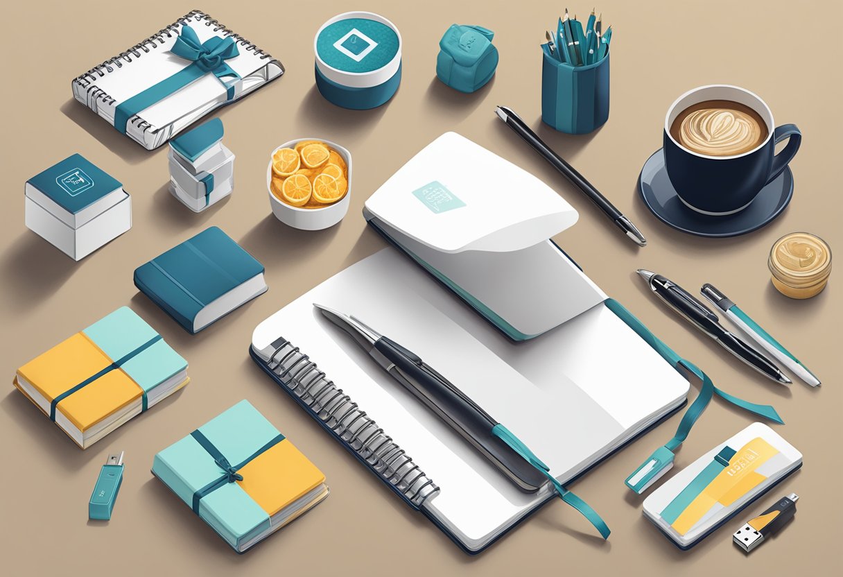 A table with various unique corporate gifts: customized notebooks, engraved pens, branded USB drives, and elegant gift baskets with gourmet treats