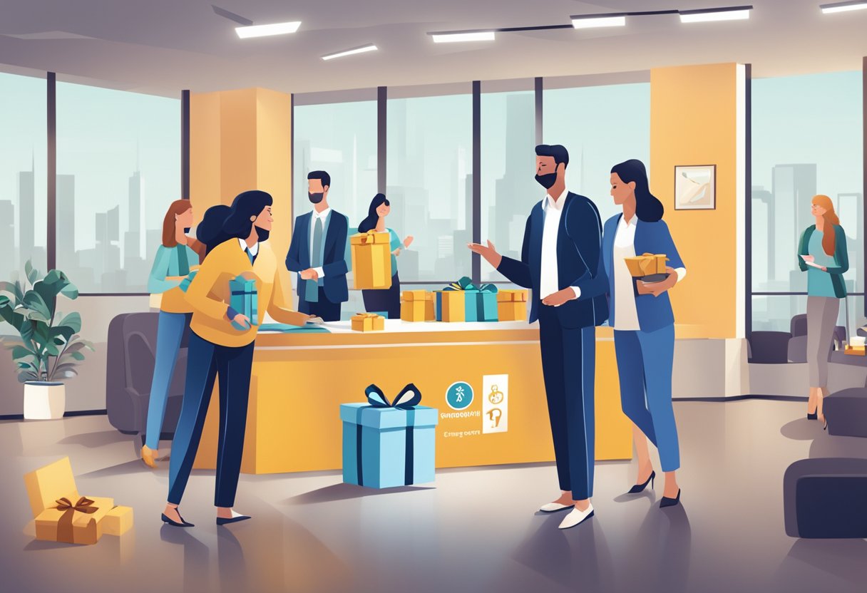 A group of employees exchanging branded gifts in an office setting, with a banner displaying "Frequently Asked Questions corporate gift giving" in the background
