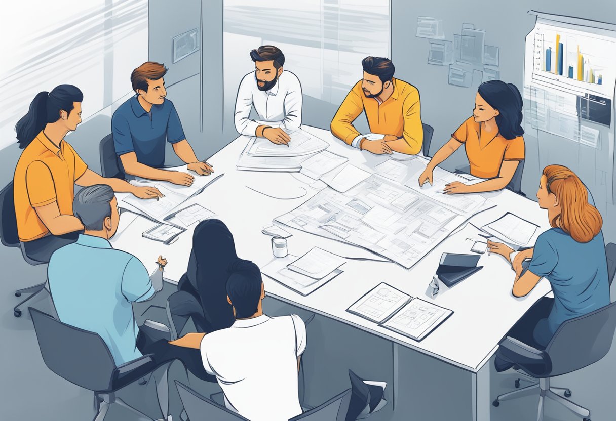 A group of people in a corporate setting, discussing and brainstorming ideas for t-shirt printing. A whiteboard with FAQs and design concepts is visible