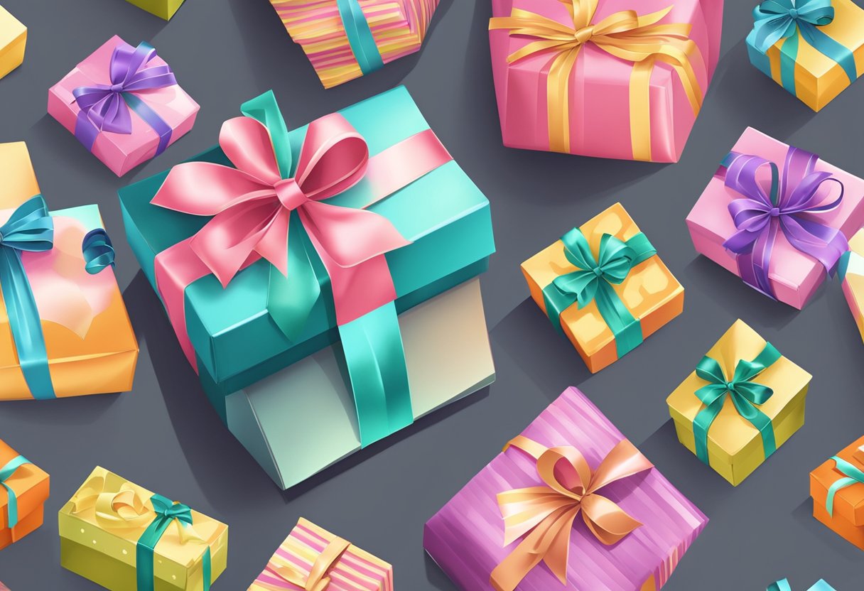 A stack of beautifully wrapped gift hampers, each adorned with a ribbon and a tag, arranged neatly on a table