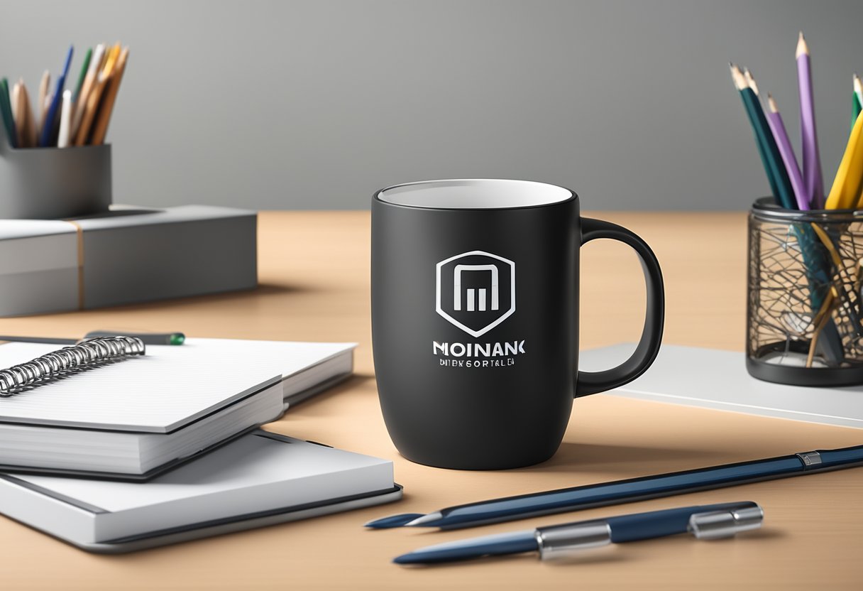 A customizable anti-fall mug with corporate branding sits on a desk, surrounded by office supplies and a sleek gift box