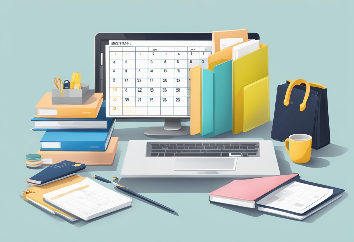 A group of corporate gifts arranged neatly on a desk, with a calendar showing the start of maternity leave highlighted