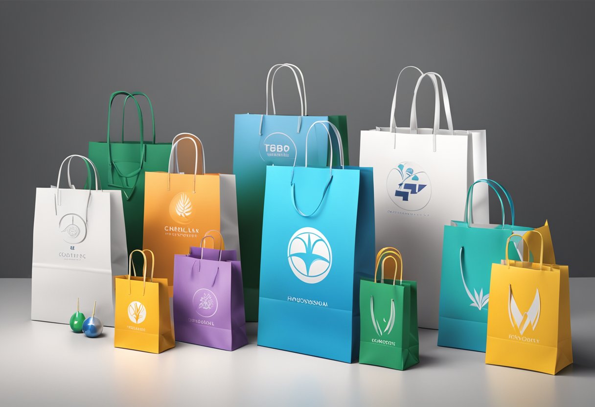 A table displays branded gift bags with company logos, filled with various items. Bright lighting and a clean, professional setting enhance the scene