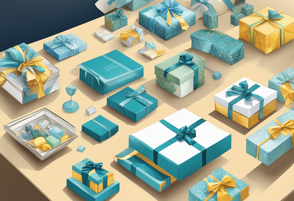 A person carefully choosing from a variety of corporate gift options displayed on a table. Bright packaging and elegant designs catch the eye