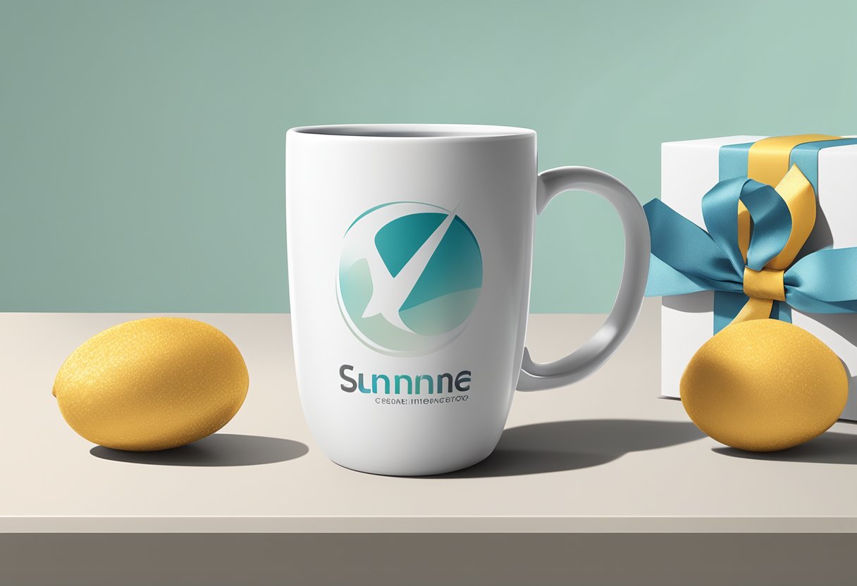 A customizable anti-fall mug on a sleek desk with corporate branding and gift wrapping
