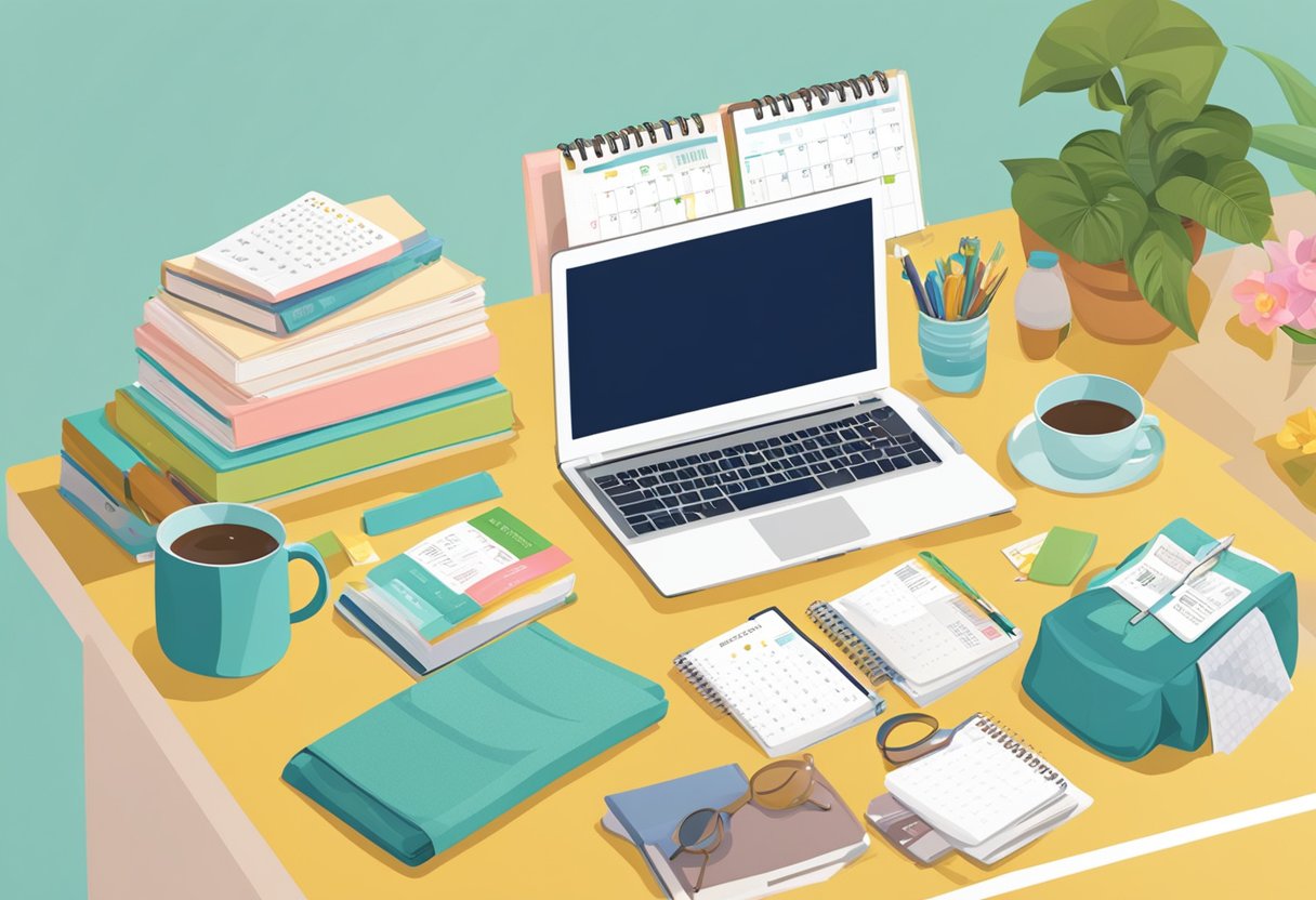 A woman's desk with a laptop, baby books, and a calendar marked with "maternity leave." A gift basket with baby items sits nearby