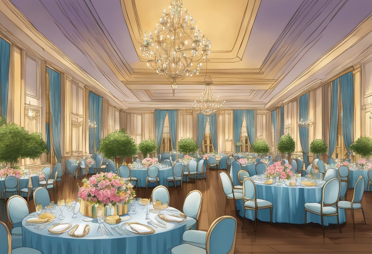 A grand ballroom adorned with tables and elegant decor, with gifts neatly arranged at each place setting. The room is filled with the sounds of laughter and music as guests enjoy a corporate dinner and dance