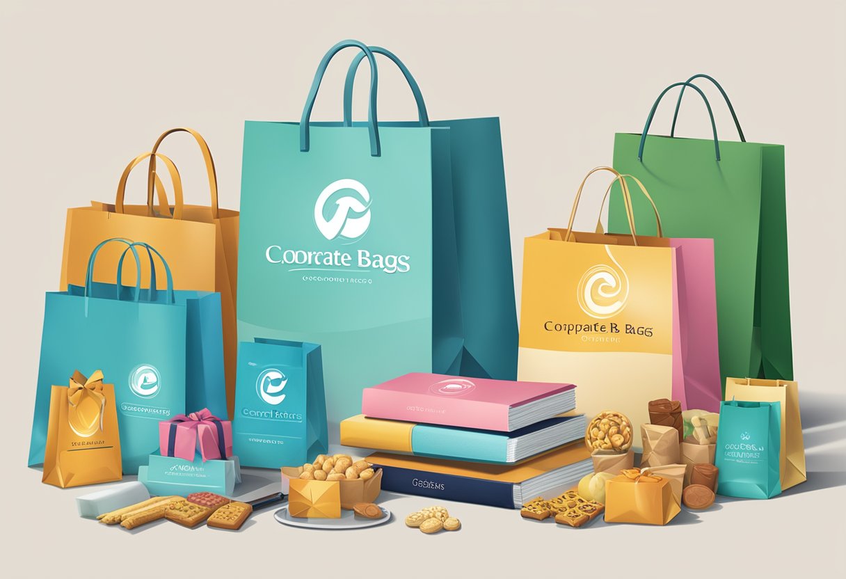 A table displaying branded gift bags with company logos, filled with high-quality items such as notebooks, pens, and gourmet snacks. A banner in the background reads "Corporate Gift Bags."