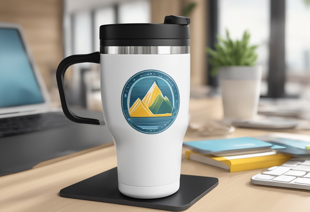 An anti-fall mug sits on a desk, surrounded by customizable options. The mug is sleek and modern, with a secure grip handle and a spill-resistant lid