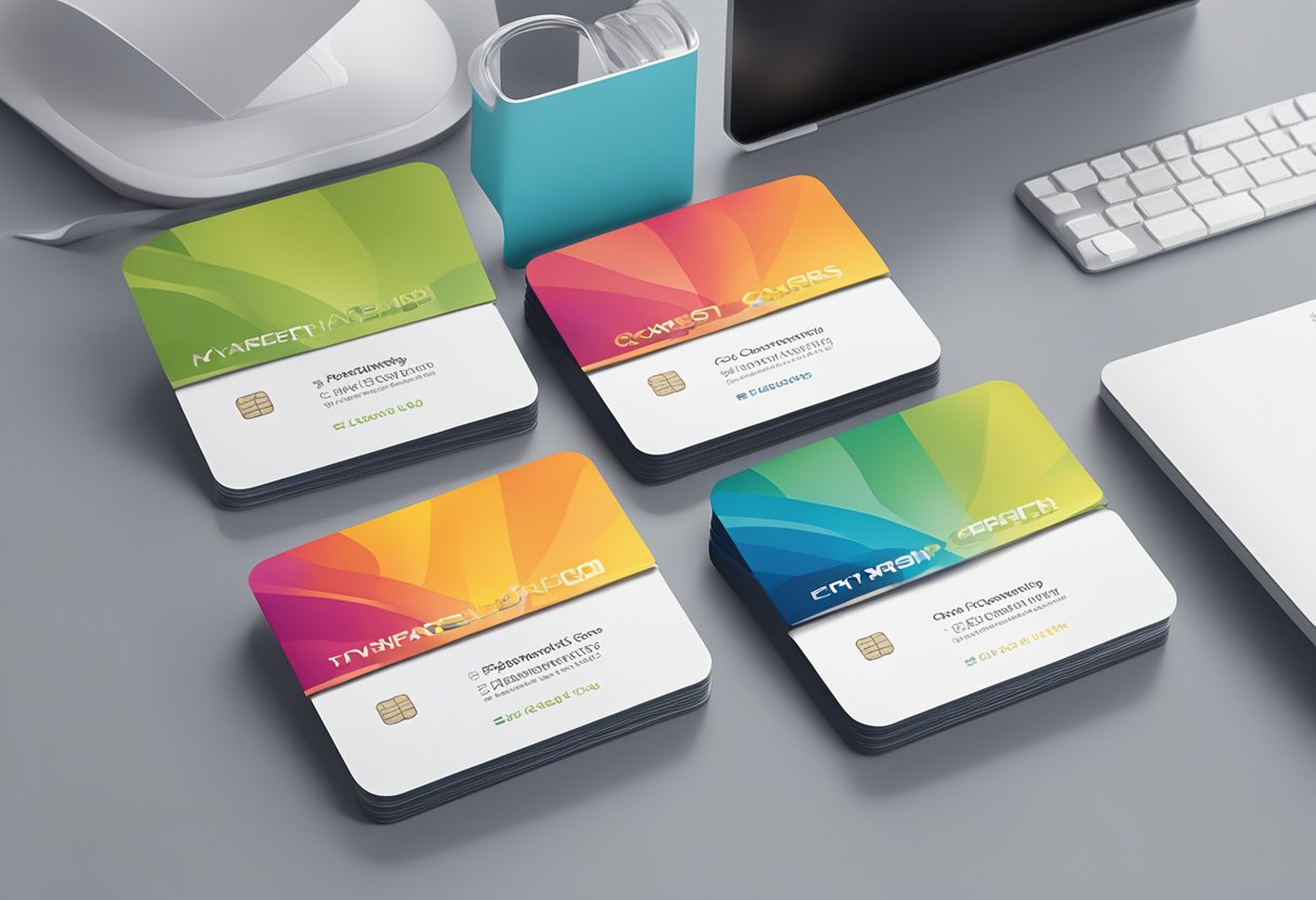 A stack of corporate gift cards displayed on a sleek, modern desk with the company logo subtly embossed in the background