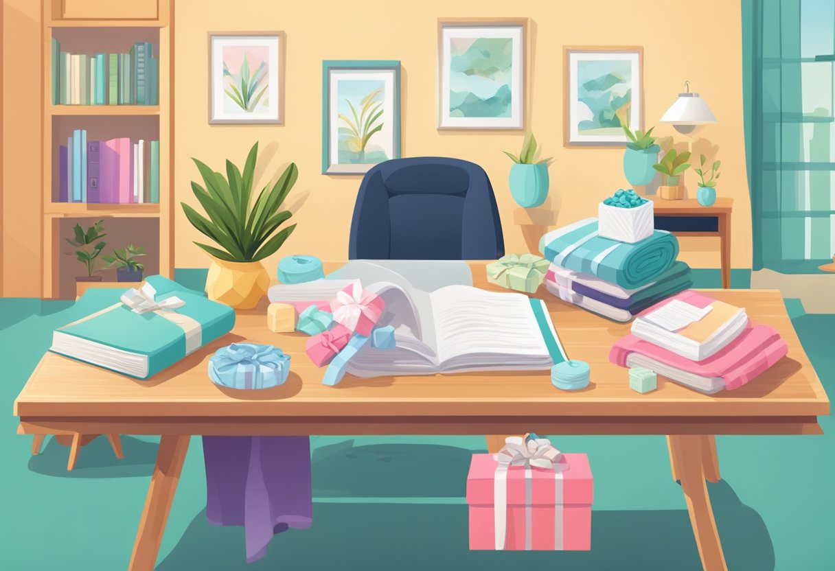 A table with a variety of thoughtful gifts, such as spa vouchers, baby books, and cozy blankets, displayed in a bright and welcoming office setting