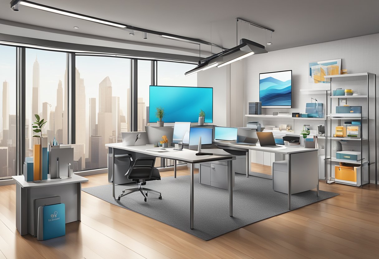 A table displaying various unique corporate gift options, including custom-branded items and high-quality tech gadgets, with a backdrop of modern office decor
