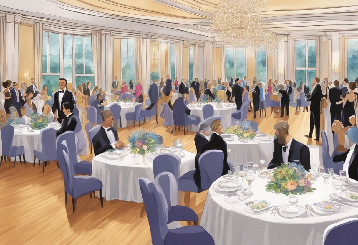People gather around elegantly set tables with gift bags and a dance floor in the background. The room is filled with excitement and anticipation for the corporate dinner and dance event