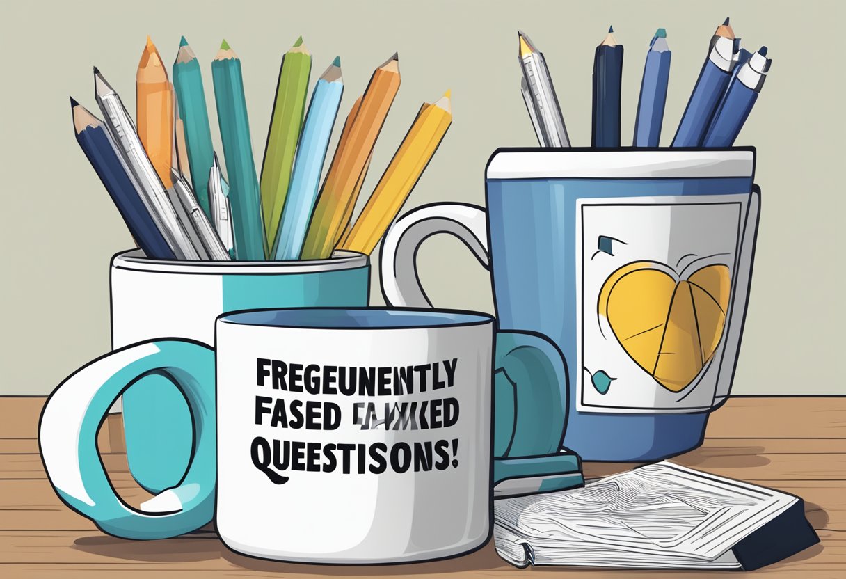 A customizable anti-fall mug surrounded by various corporate gift ideas, with a "Frequently Asked Questions" banner in the background