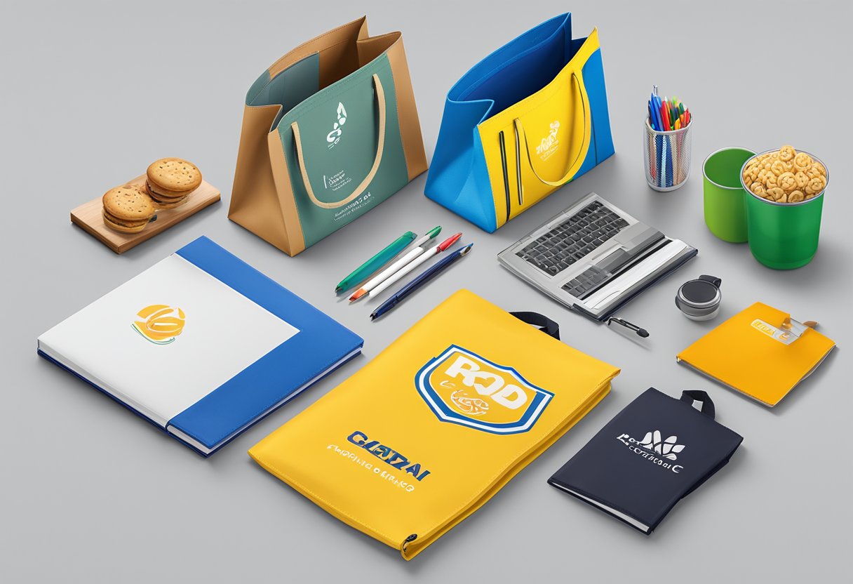 A table displays branded corporate gift bags with various items inside, such as notebooks, pens, and snacks. A company logo is prominently featured on the bags