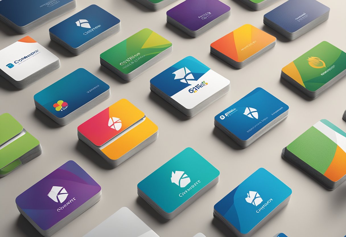 A group of corporate gift cards displayed on a sleek, modern desk with the company logo prominently featured. The cards are neatly arranged in a stylish holder, ready to be distributed to employees