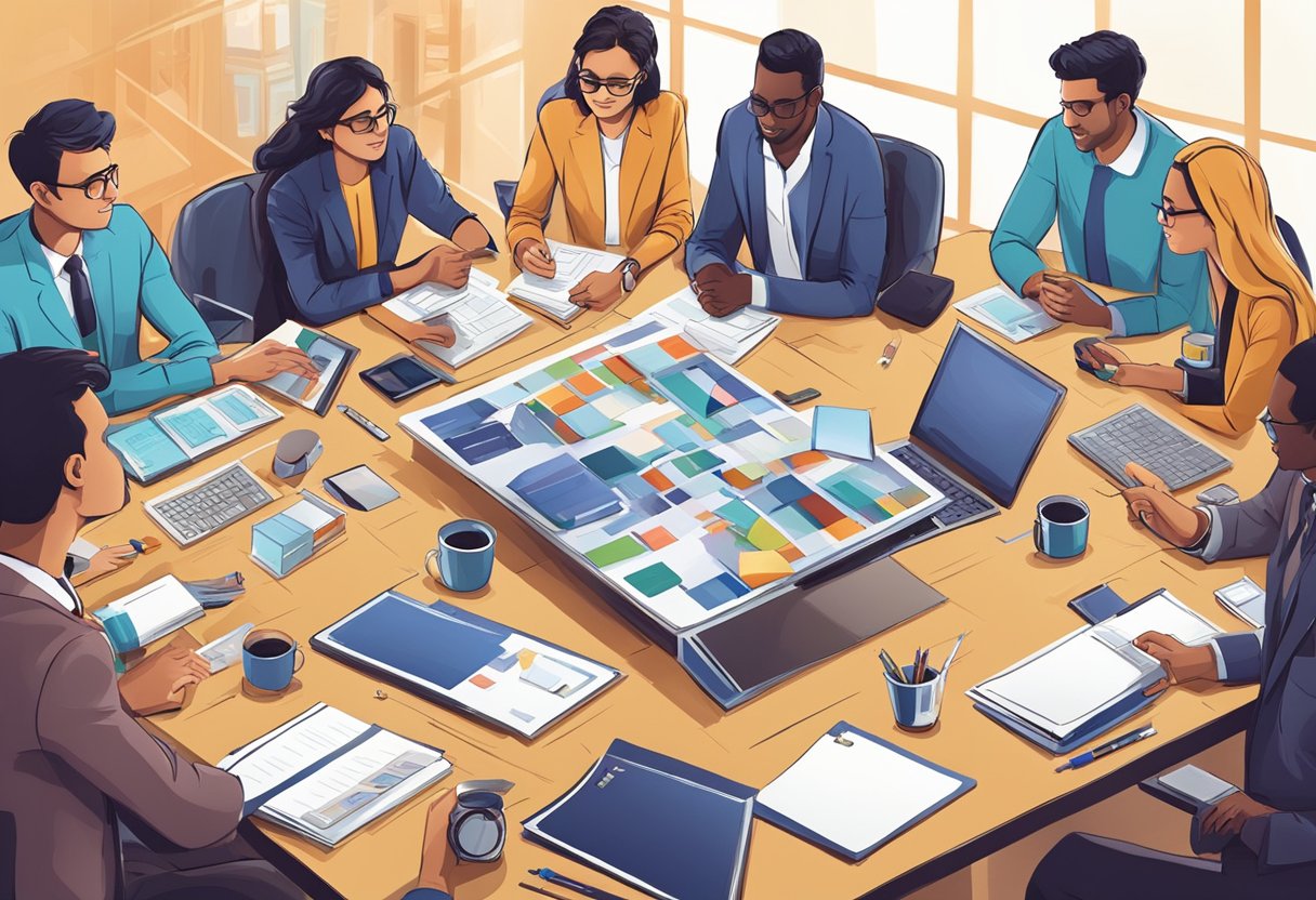 A table with various unique corporate gift items displayed, surrounded by a group of people brainstorming and discussing ideas