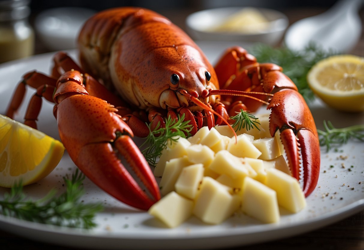 A lobster being prepared with ingredients like butter, garlic, and herbs in a kitchen setting