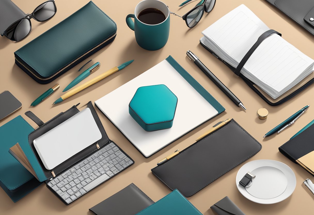 A table adorned with elegant corporate gift ideas, including branded pens, leather portfolios, and sleek tech gadgets