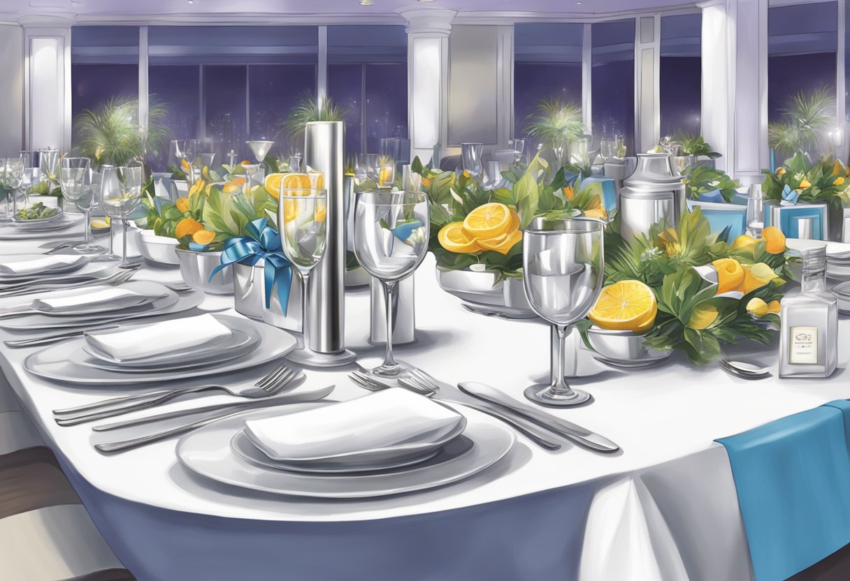 A table adorned with branded corporate gifts and door gifts at a corporate dinner and dance event