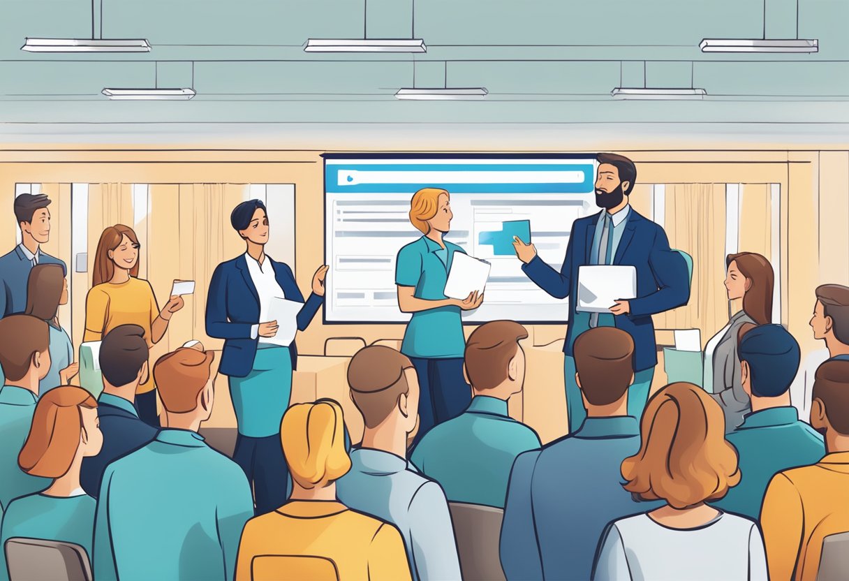 A group of employees receiving corporate gift cards with a FAQ section in the background