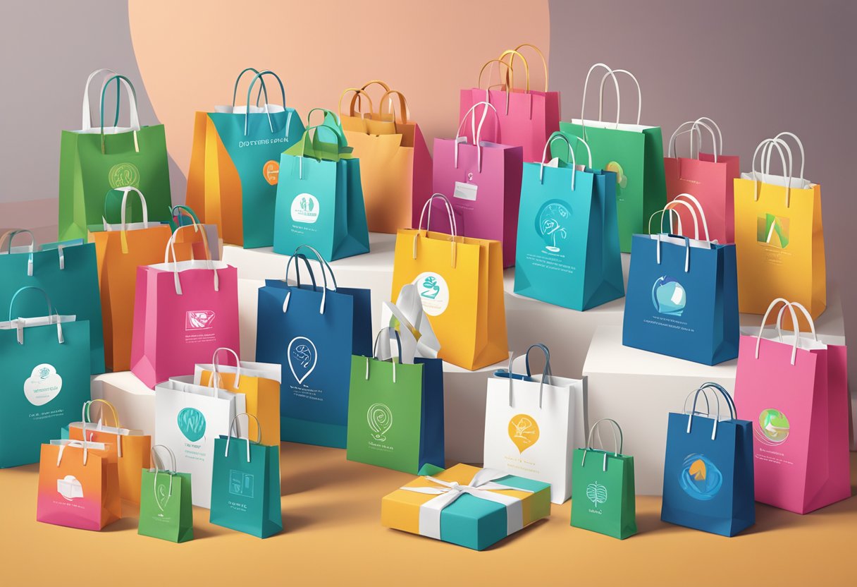 A table displays various corporate gift bags with "Frequently Asked Questions" printed on them. Bright colors and modern designs catch the eye