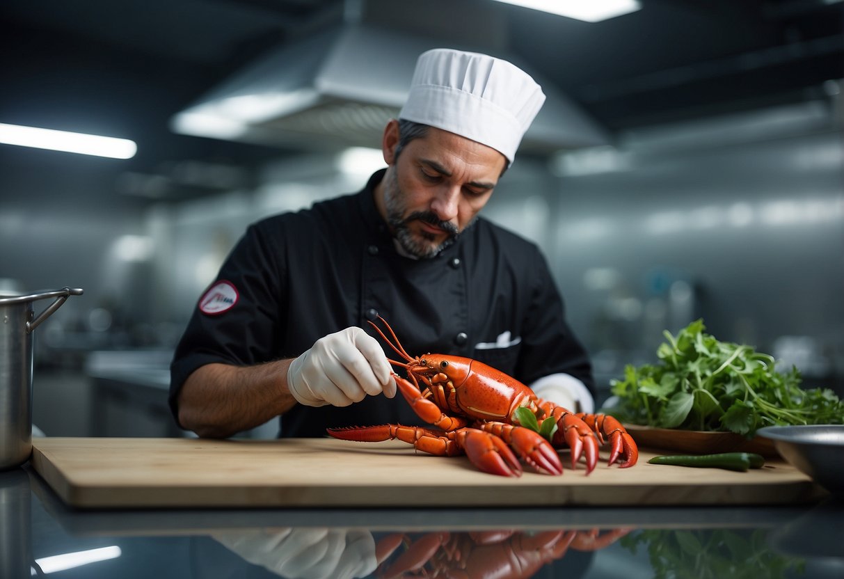 A chef selects a live lobster from a tank, then prepares it by removing the rubber bands from its claws and placing it on a cutting board